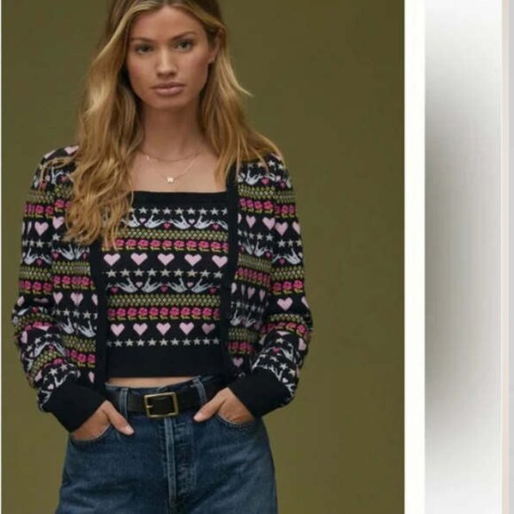 Anthropologie Sweaters - Anthropologie Maeve Hearts Dove Floral Cropped Novelty Cardigan Sweater L
